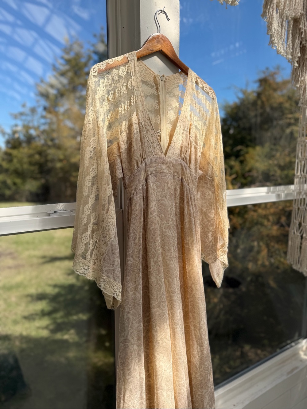 Gunne Sax Paisley + Bell Sleeve Maxi Dress in Soft Beige